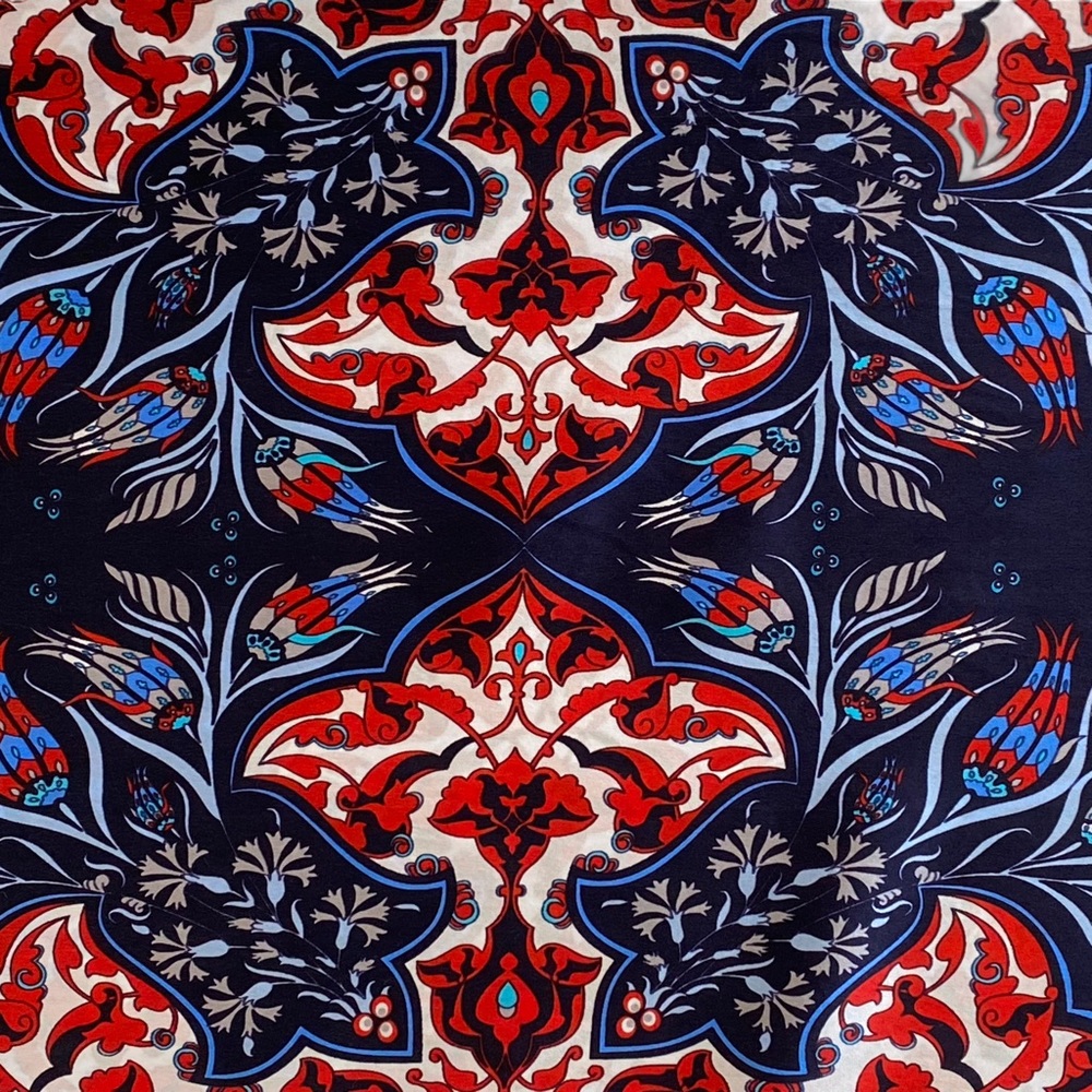 Bursa Ipek 100% Pure Silk Foulard Scarf Turkish Motif Design Red Blue White - Picture 3 of 9